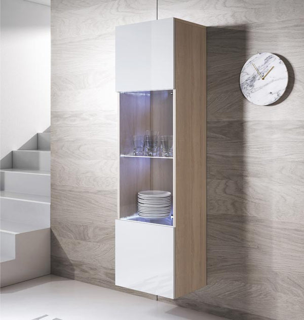 Vitrine Suspensa Rialba – Carvalho Sonoma e Branco – 40x29x165 cm – Com LED Azul e Prateleiras em Vidro