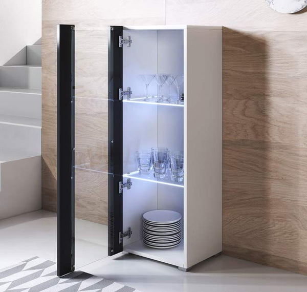 Vitrine Alta Fajões – 40x128 cm – Branco e Preto com LED Azul – Com Pés