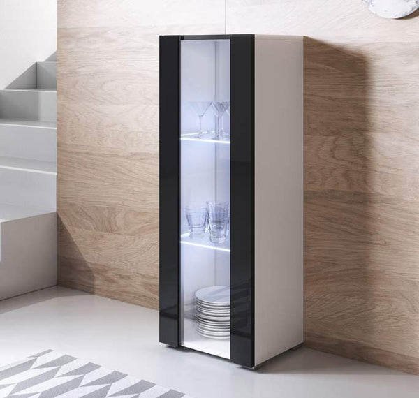 Vitrine Alta Fajões – 40x128 cm – Branco e Preto com LED Azul – Com Pés