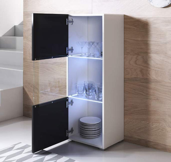 Vitrine Alta Silgueiros – 40x128 cm – Branco e Preto com LED Azul – Com Pés