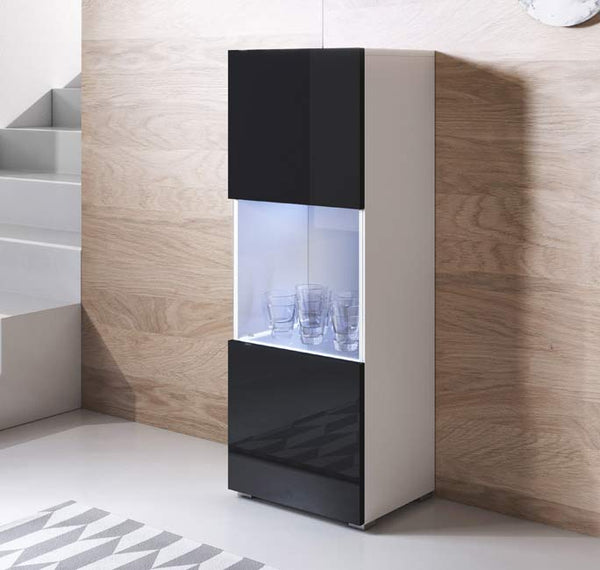 Vitrine Alta Silgueiros – 40x128 cm – Branco e Preto com LED Azul – Com Pés