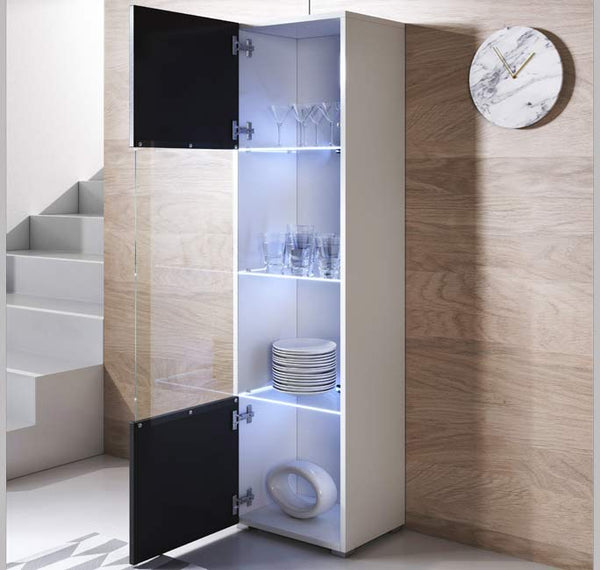 Vitrine Rialba – Branco e Preto – 40x29x167 cm – Com LED Azul, Prateleiras de Vidro e Pés Incluídos