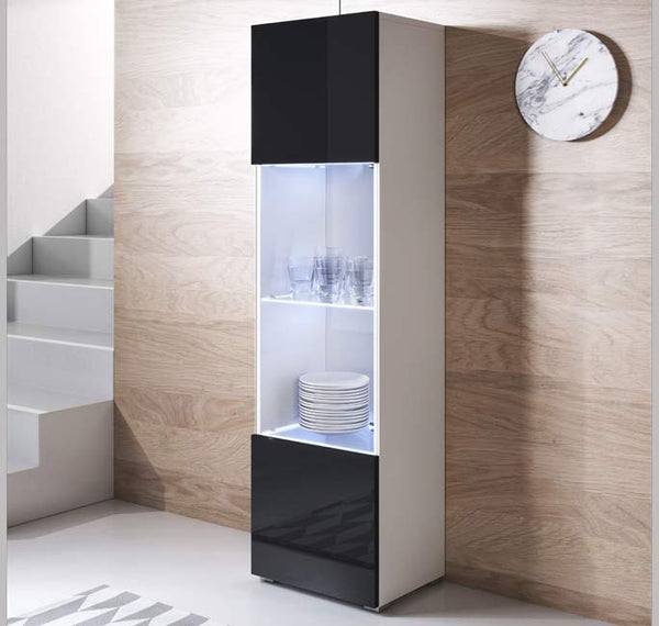 Vitrine Rialba – Branco e Preto – 40x29x167 cm – Com LED Azul, Prateleiras de Vidro e Pés Incluídos