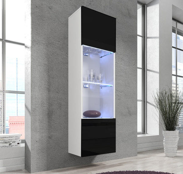 Vitrine Alta Vilela – 40x170 cm – Branco e Preto com Porta Curva e LED Azul