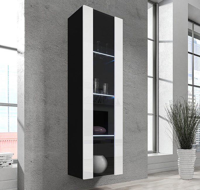 Vitrine Alta Vilar Seco – 40x170 cm – Preto e Branco com Porta Curva e LED Azul