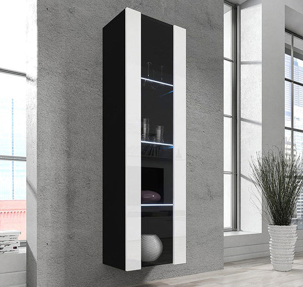 Vitrine Alta Vilar Seco – 40x170 cm – Preto e Branco com Porta Curva e LED Azul