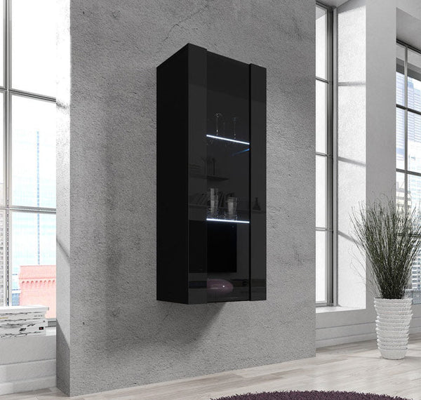 Vitrine de Parede Fiolhal – 40x126 cm – Preto Alto Brilho com LED Azul – Porta Curva