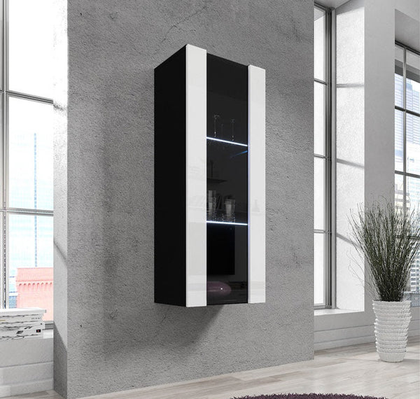 Vitrine de Parede Grijó – 40x126 cm – Preto e Branco com LED – Suspensa com Porta