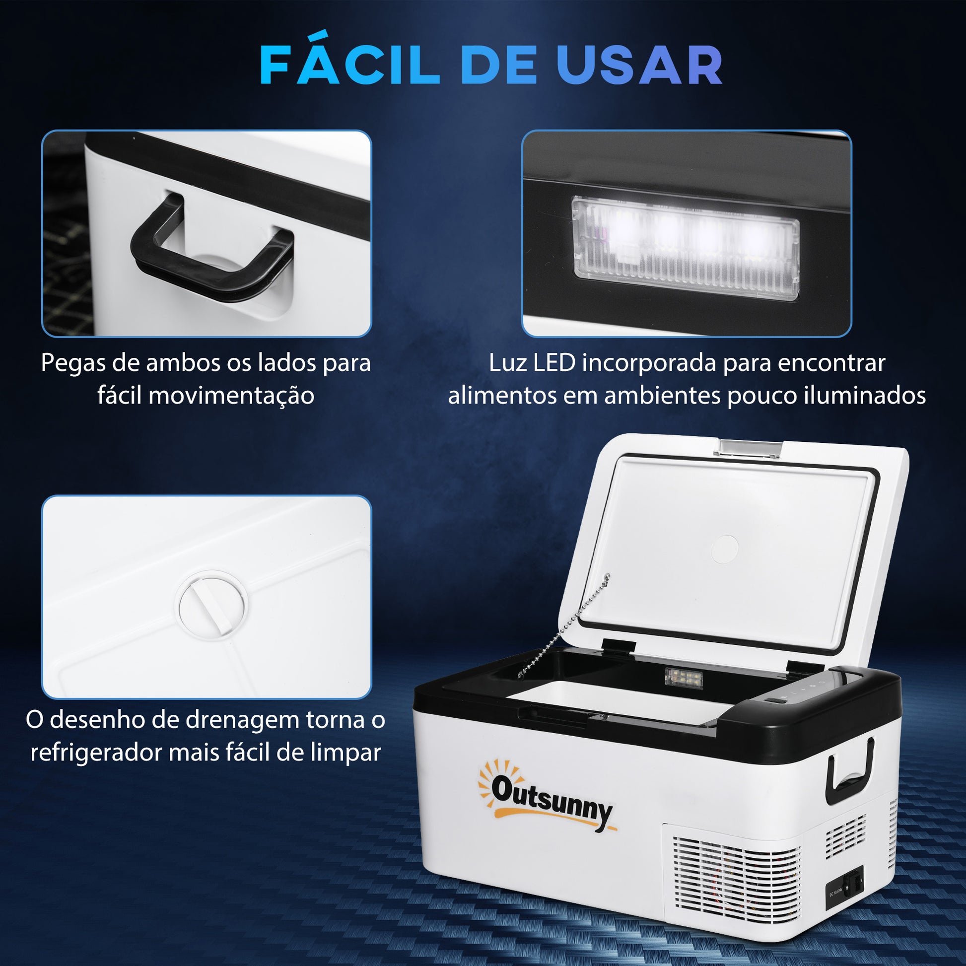 Geleira com Compressor 18L Portátil até -20℃ com Luz LED e Alças Dobráveis Geleira de Carro 12V/24V e 240V para Casa Campismo Viagem 58,5x33,5x29,2cm Branco