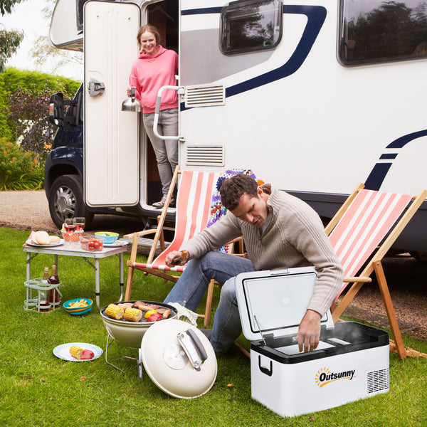 Geleira com Compressor 18L Portátil até -20℃ com Luz LED e Alças Dobráveis Geleira de Carro 12V/24V e 240V para Casa Campismo Viagem 58,5x33,5x29,2cm Branco
