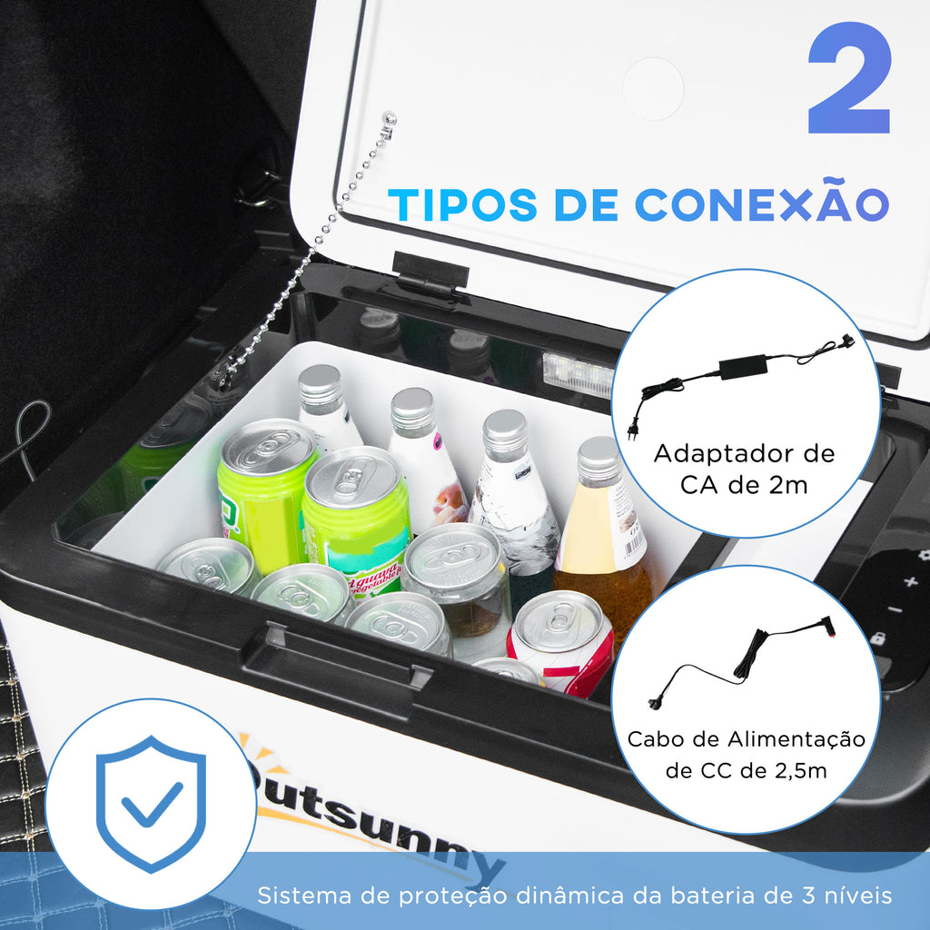 Geleira com Compressor 18L Portátil até -20℃ com Luz LED e Alças Dobráveis Geleira de Carro 12V/24V e 240V para Casa Campismo Viagem 58,5x33,5x29,2cm Branco
