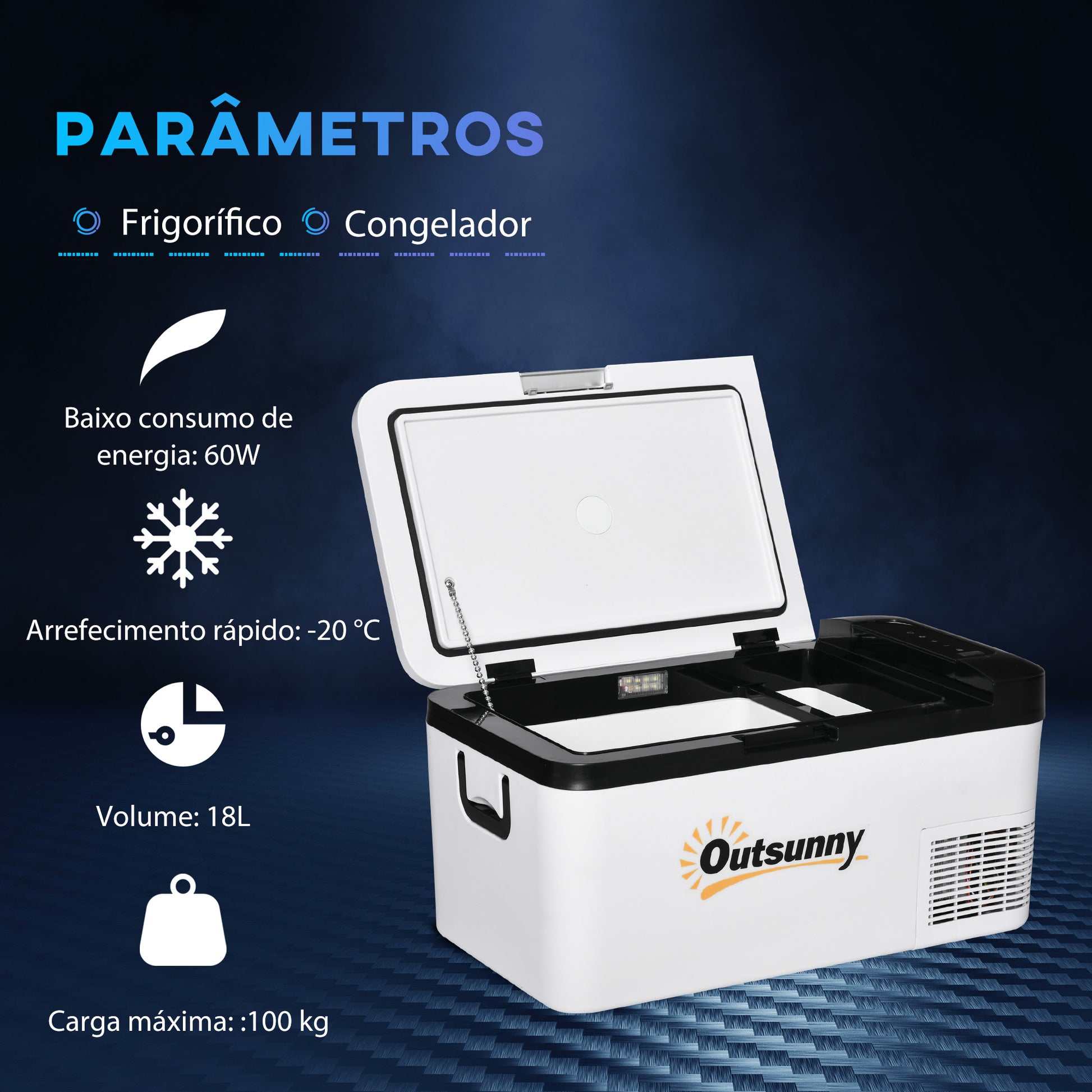 Geleira com Compressor 18L Portátil até -20℃ com Luz LED e Alças Dobráveis Geleira de Carro 12V/24V e 240V para Casa Campismo Viagem 58,5x33,5x29,2cm Branco