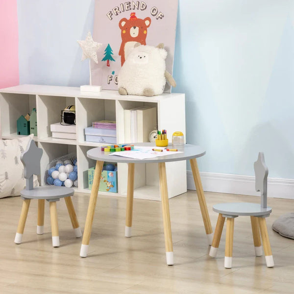 Conjunto de Mesa e 2 Cadeiras de Madeira para Crianças com Mesa Redonda Ø59x50cm e Cadeiras Ø28x51 Mobiliário Infantil para Sala de Jogos Quarto Cinza e Madeira