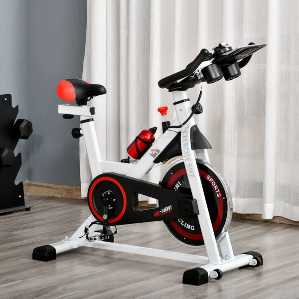 Bicicleta estática com tela LCD Sela ajustável Volante 8 kg Carga 100 kg 103x53x100-114 cm Branco