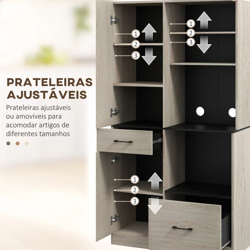 Armário de Cozinha Moderno Armário de Cozinha com 2 Gavetas 2 Armários e 4 Prateleiras Abertas Móvel Auxiliar de Cozinha 90x40x170 cm Madeira e Preto
