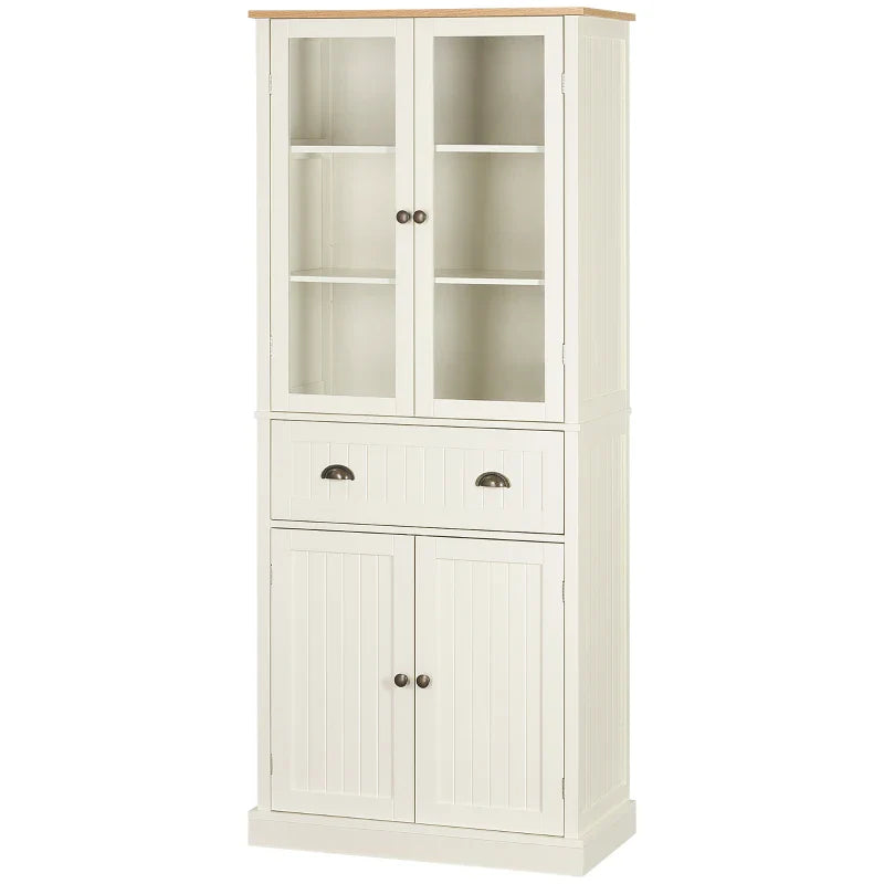 Armário de Cozinha com 2 Portas de Vidro 1 Gaveta e Prateleira Ajustável Móvel Auxiliar de Cozinha Anti-Tombo 76x40x182,5cm Creme