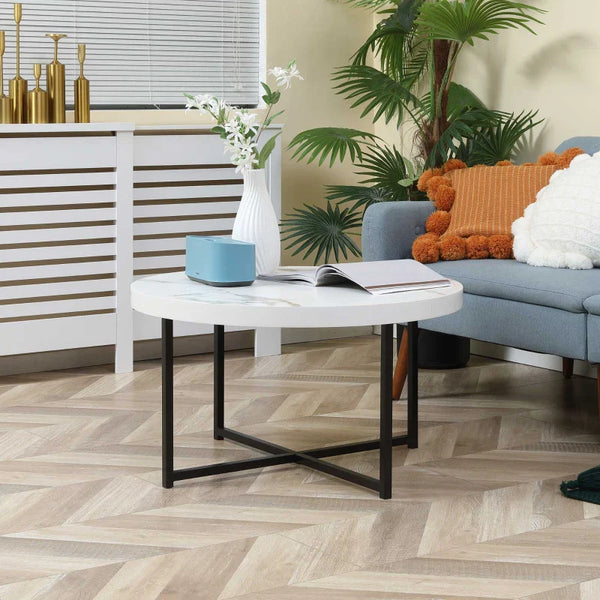 mesa de Centro Mesa de Sala de Estar Redonda com Bancada Similar ao Mármore e Estrutura de Metal para Escritório Estilo Moderno 80x80x45cm Branco e Preto