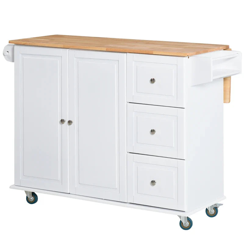 Carrinho de Cozinha com Rodas Carrinho de Cozinha com Bancada Rebatível 3 Gavetas 1 Armário com Prateleira Interior Ajustável e Suporte para Temperos 128,8x75,5x92,5cm Branco e Natural