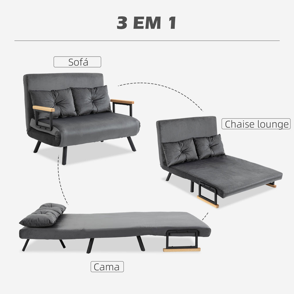 Sofá Cama Sofá Convertível em Cama de 2 Lugares Dobrável com Encosto Ajustável em 5 Níveis e 2 Almofadas Acolchoadas para Escritório Dormitório Sala de Estar 102x73x81 cm Cinza