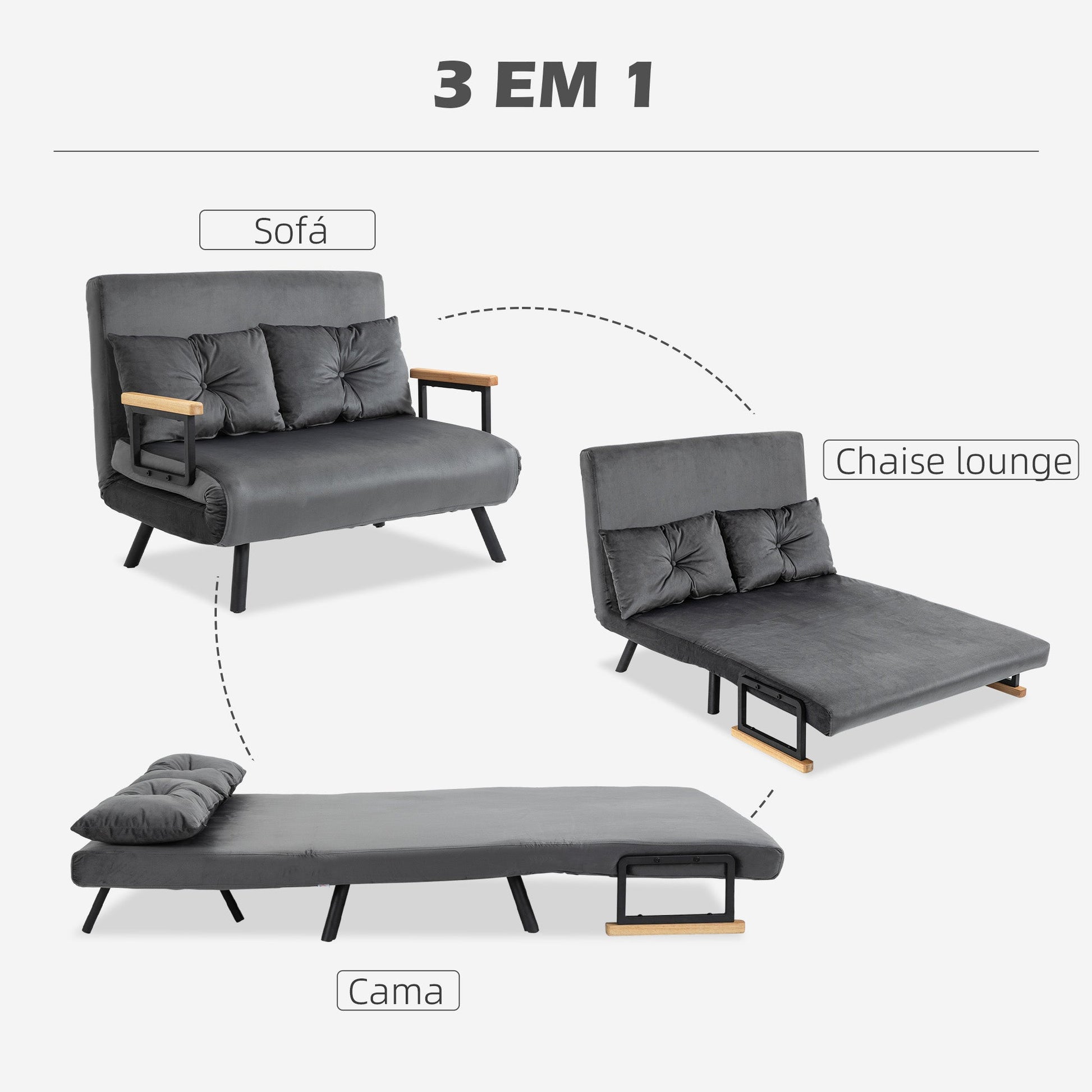 Sofá Cama Sofá Convertível em Cama de 2 Lugares Dobrável com Encosto Ajustável em 5 Níveis e 2 Almofadas Acolchoadas para Escritório Dormitório Sala de Estar 102x73x81 cm Cinza