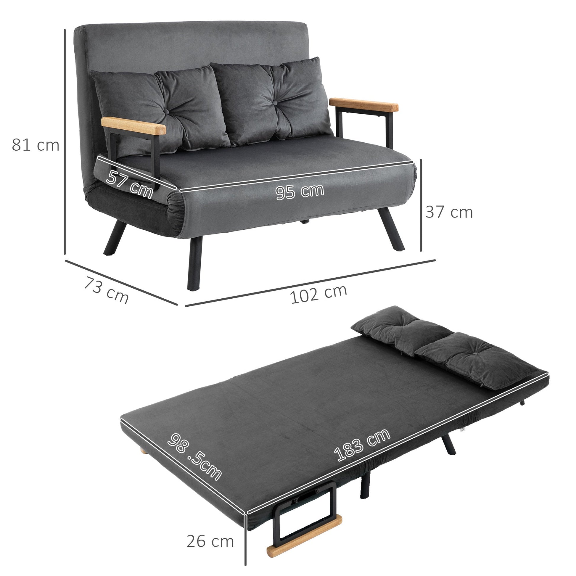 Sofá Cama Sofá Convertível em Cama de 2 Lugares Dobrável com Encosto Ajustável em 5 Níveis e 2 Almofadas Acolchoadas para Escritório Dormitório Sala de Estar 102x73x81 cm Cinza