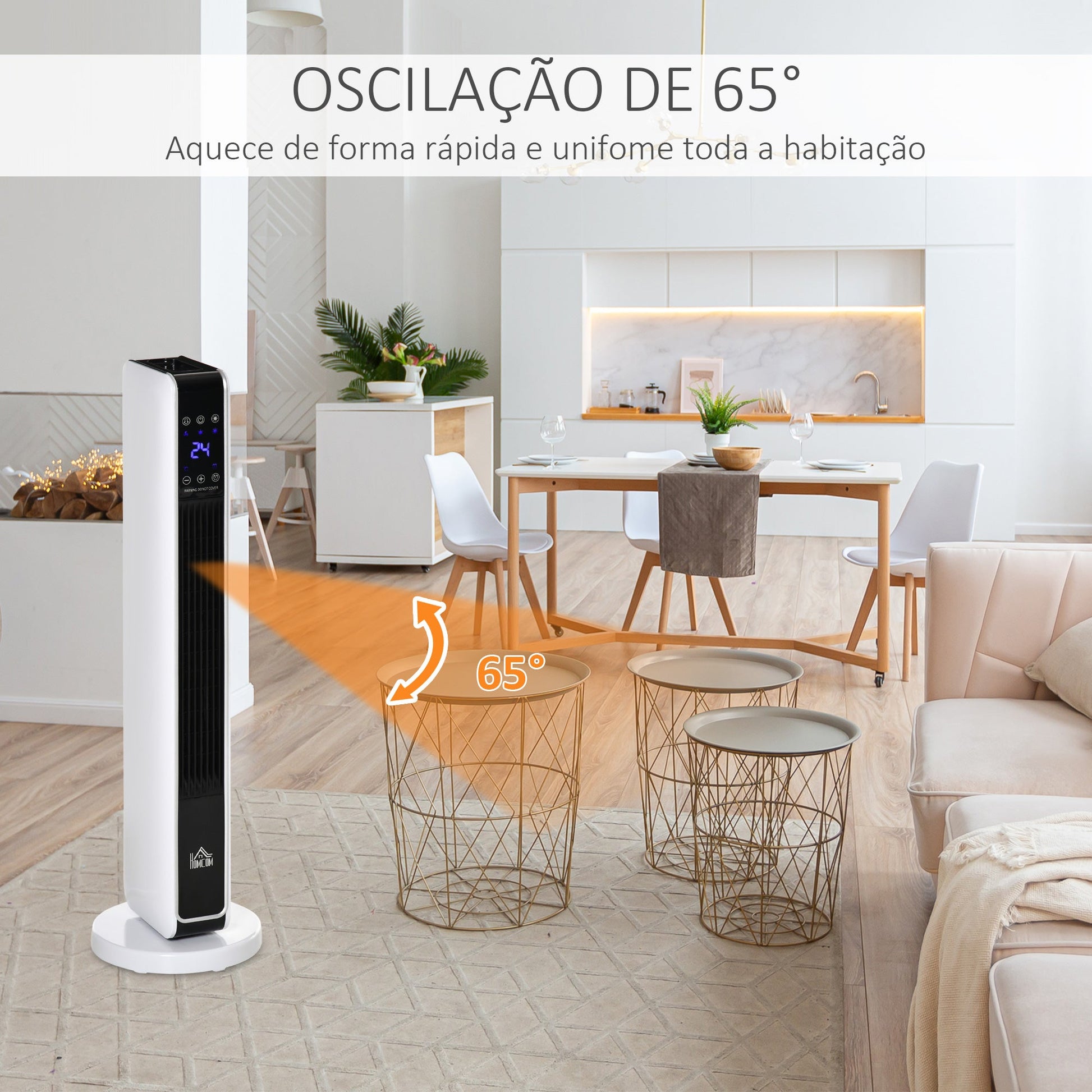 Aquecedor Cerâmico de Torre 1000/2000W com Controle Remoto Tela LED 3 Modos de Aquecimento Termostato Temporizador e Oscilação 65° para 25m² 21x21x73cm Branco