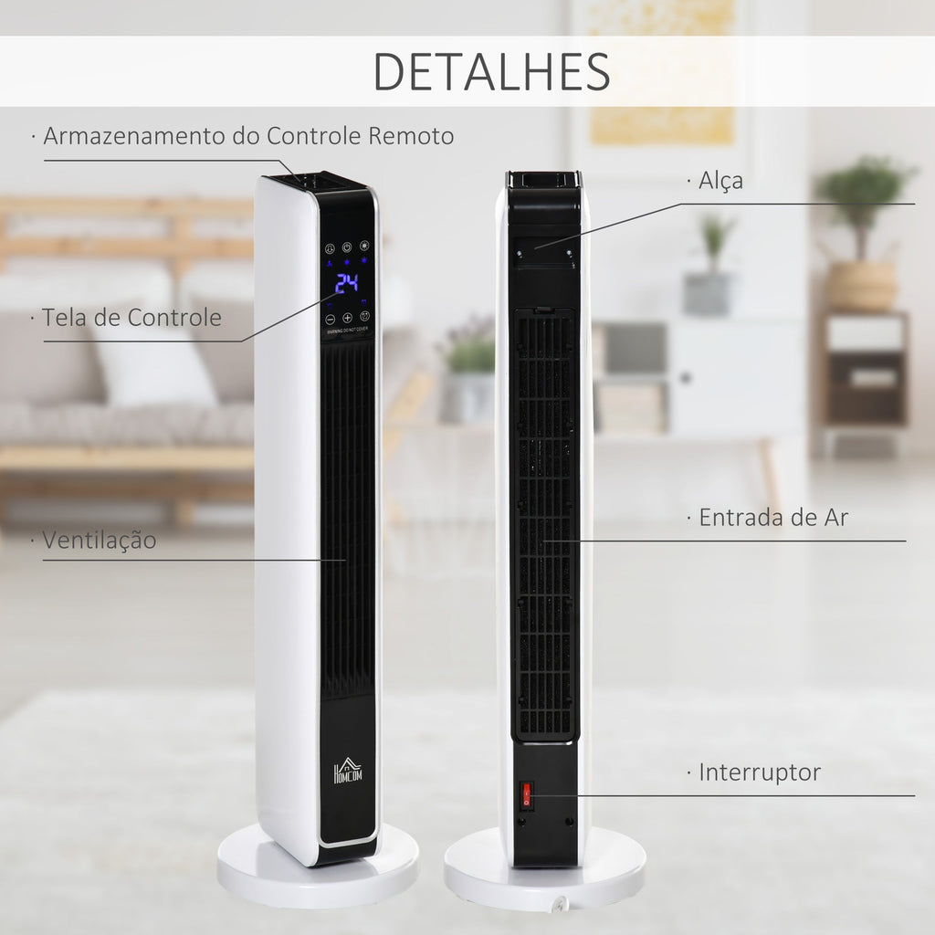 Aquecedor Cerâmico de Torre 1000/2000W com Controle Remoto Tela LED 3 Modos de Aquecimento Termostato Temporizador e Oscilação 65° para 25m² 21x21x73cm Branco