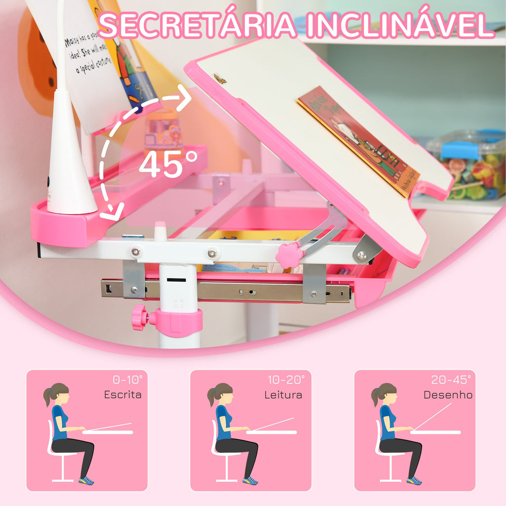 Conjunto de Secretária e Mesa para Crianças acima de 6 Anos Secretária Infantil com Altura Ajustável Mesa Inclinável Lâmpada Gaveta e Prateleira para Livros Rosa