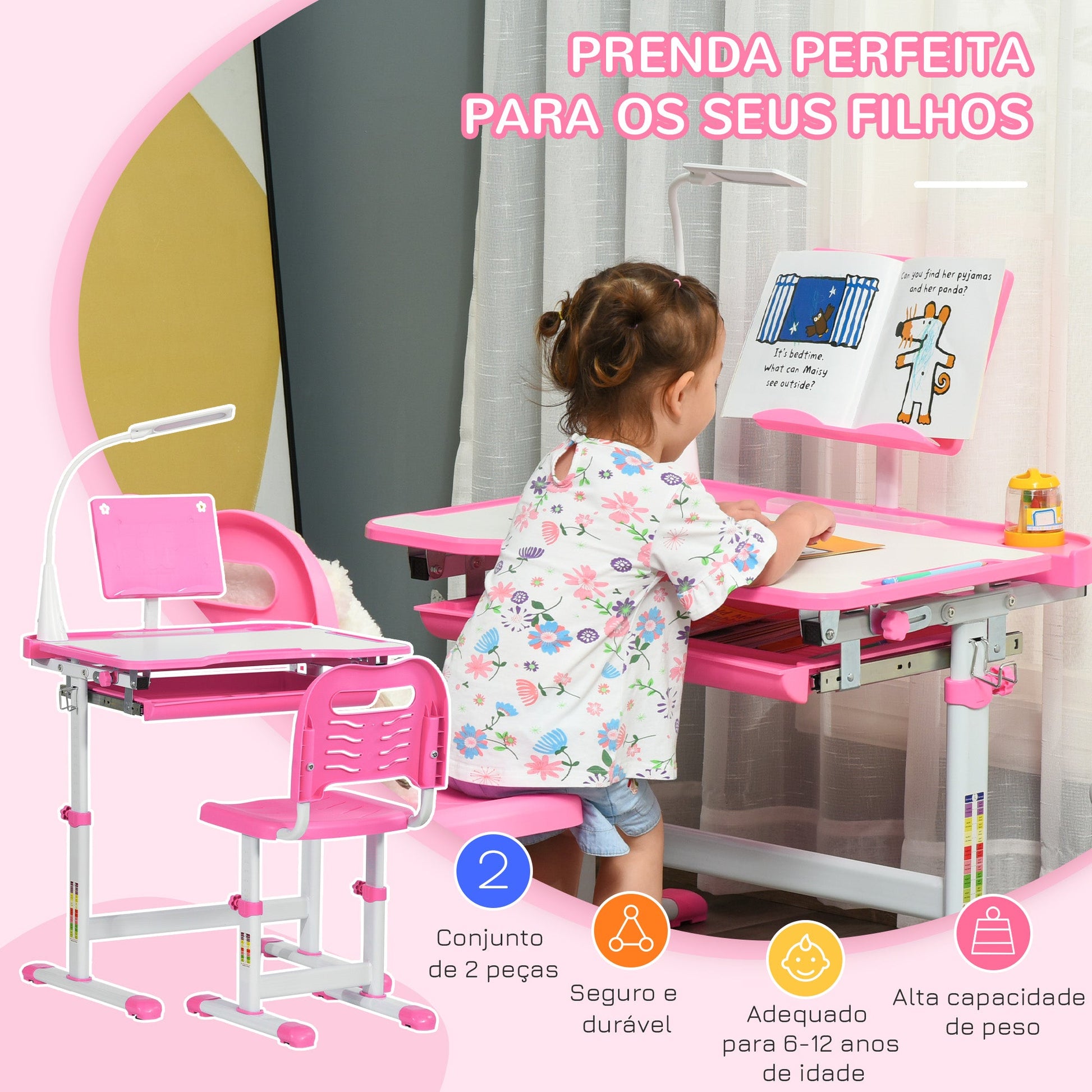 Conjunto de Secretária e Mesa para Crianças acima de 6 Anos Secretária Infantil com Altura Ajustável Mesa Inclinável Lâmpada Gaveta e Prateleira para Livros Rosa