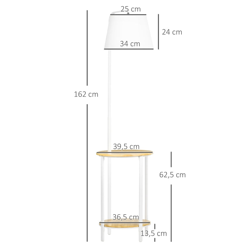 Candeeiro de Pé Moderno com Prateleira Candeeiro com Prateleira Suporte para Lâmpada E27 Máx. 40W com Ecrã de Linho Interruptor de Pé para Sala de Estar Dormitório Ø37x162cm Branco e Madeira
