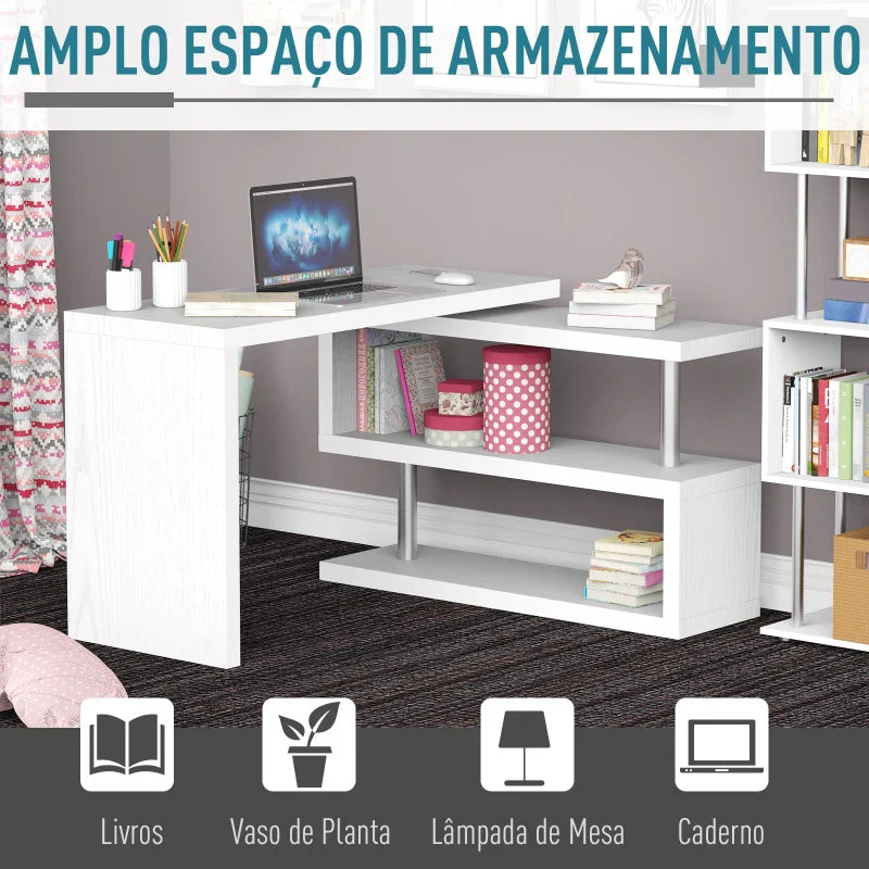 Secretária de Canto Giratória 360º Secretária em Forma de L com Prateleiras para Escritório Casa 114x120x76,1cm Branco