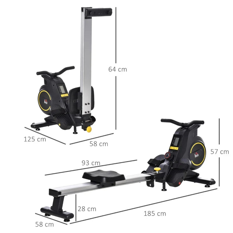 Máquina de Remo Dobrável com 8 Níveis de Resistência Magnética Volante de Inércia de 4kg Monitor LCD para Treinamento em casa Aço Alumínio 185x58x57cm Carga 120kg Preta e Prata