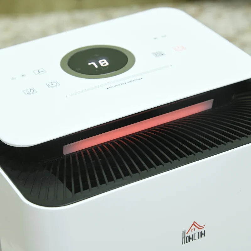 Desumidificador Elétrico 12L/dia Depósito de Água 2,5L Desumidificador de Ar Silencioso com 5 Modos 2 Velocidades Ecrã LED e Temporizador para Dormitórios Sala de Estar 25x25x50,5 cm Branco