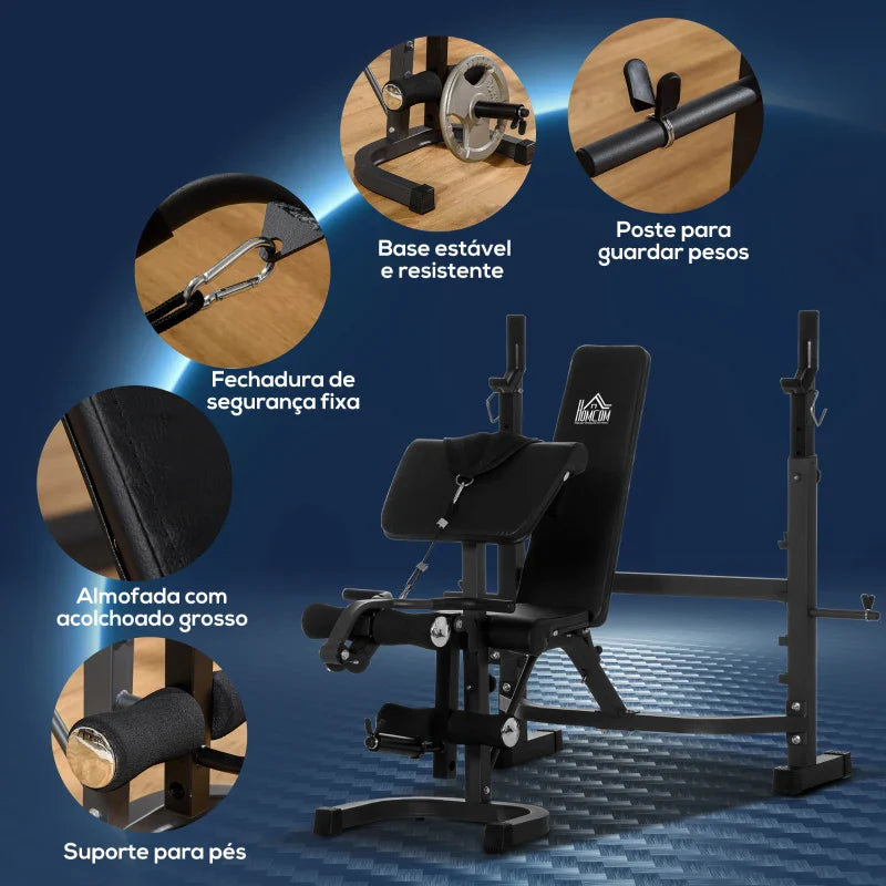 Banco de Musculação Multifuncional Banco de Pesos com Encosto Inclinável e Suporte de Barras com Altura Ajustável para Treinamento do Corpo Completo 187x140x117-136cm Preto