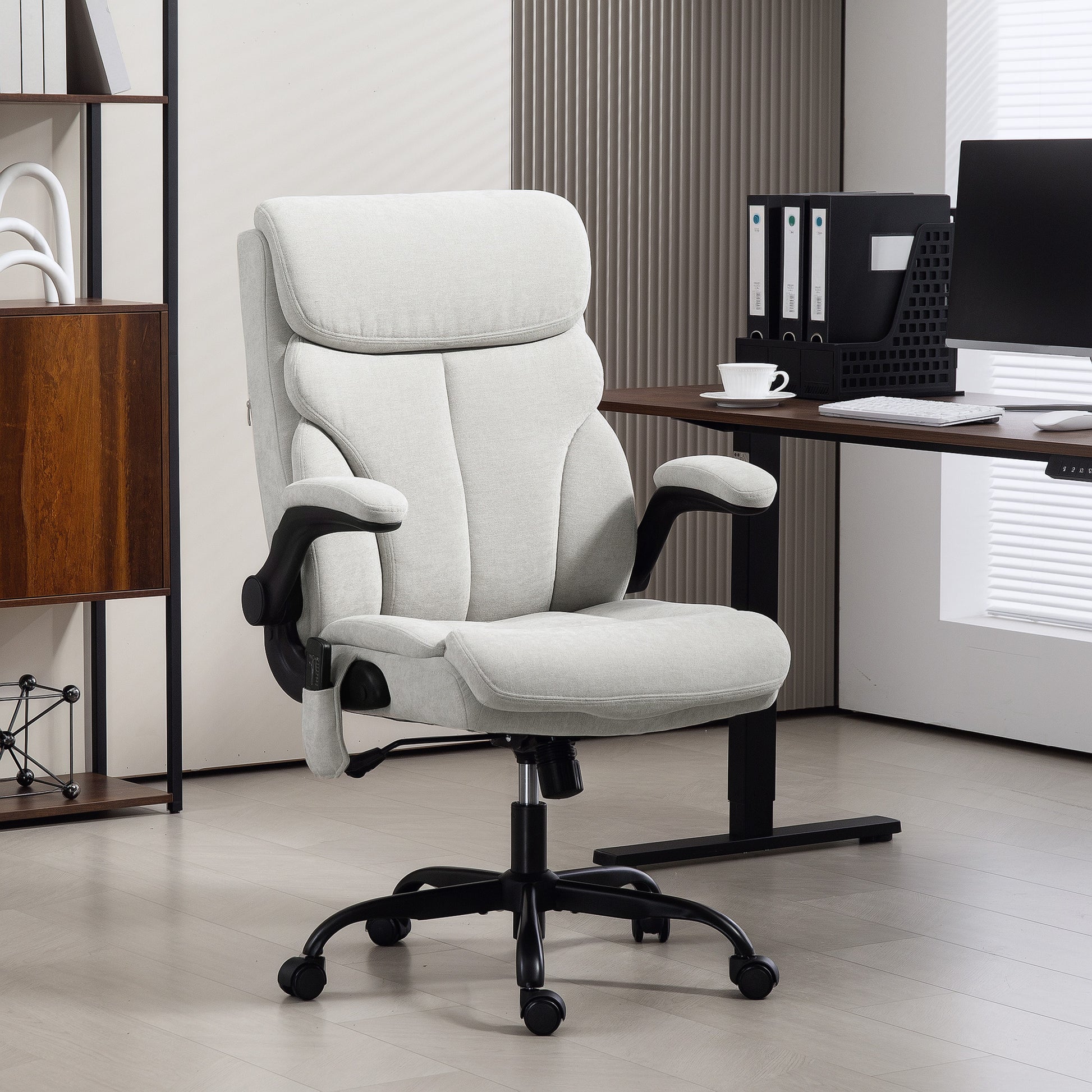 Cadeira de Escritório com Massagem Cadeira Giratória com Altura Ajustável Função de Aquecimento Apoios de Braços Rebatíveis Encosto Alto e Controlo Remoto 66x67x113-121 cm Cinzento