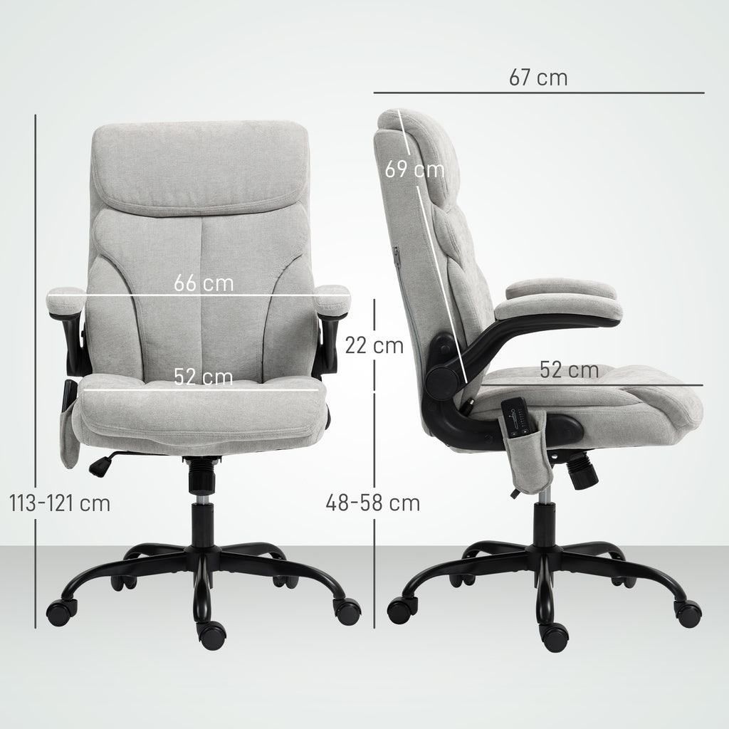 Cadeira de Escritório com Massagem Cadeira Giratória com Altura Ajustável Função de Aquecimento Apoios de Braços Rebatíveis Encosto Alto e Controlo Remoto 66x67x113-121 cm Cinzento