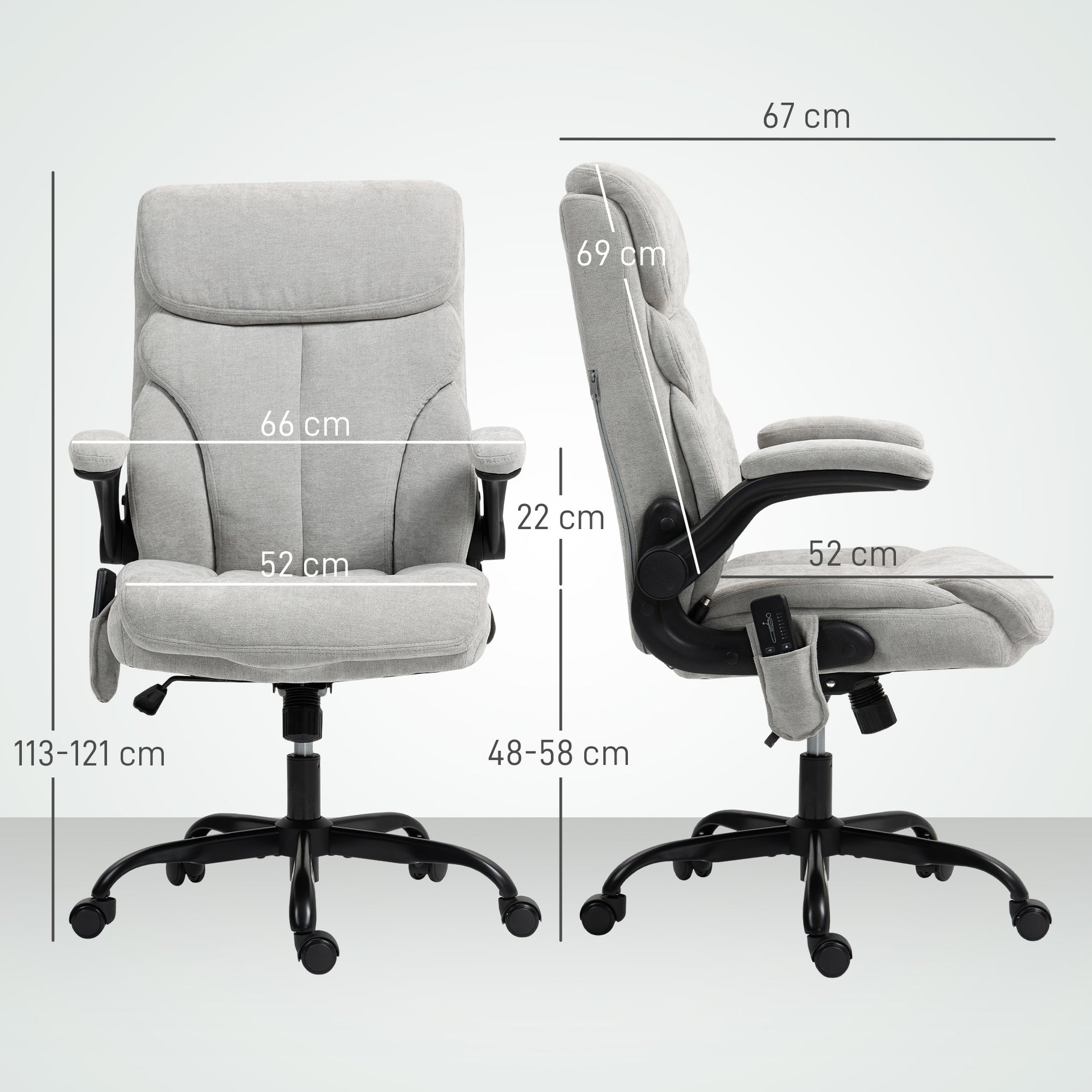 Cadeira de Escritório com Massagem Cadeira Giratória com Altura Ajustável Função de Aquecimento Apoios de Braços Rebatíveis Encosto Alto e Controlo Remoto 66x67x113-121 cm Cinzento
