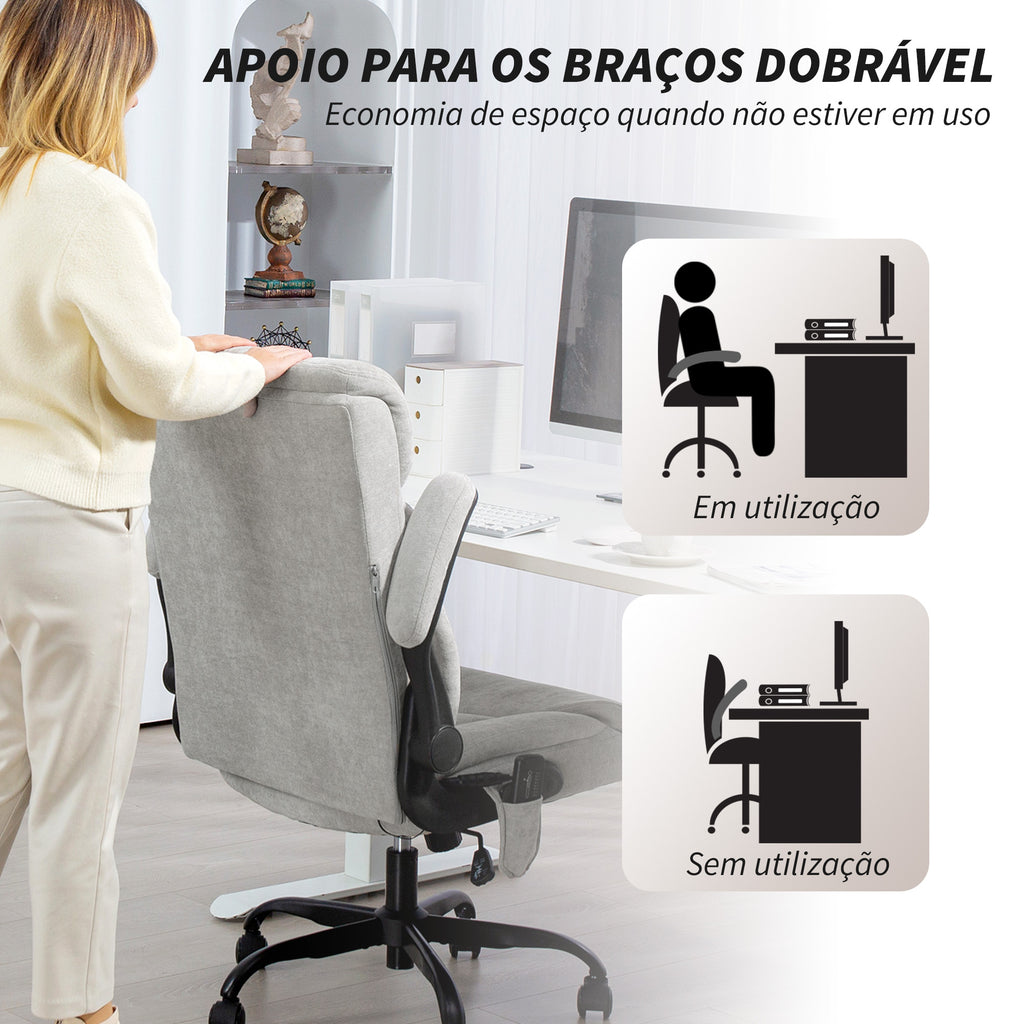 Cadeira de Escritório com Massagem Cadeira Giratória com Altura Ajustável Função de Aquecimento Apoios de Braços Rebatíveis Encosto Alto e Controlo Remoto 66x67x113-121 cm Cinzento