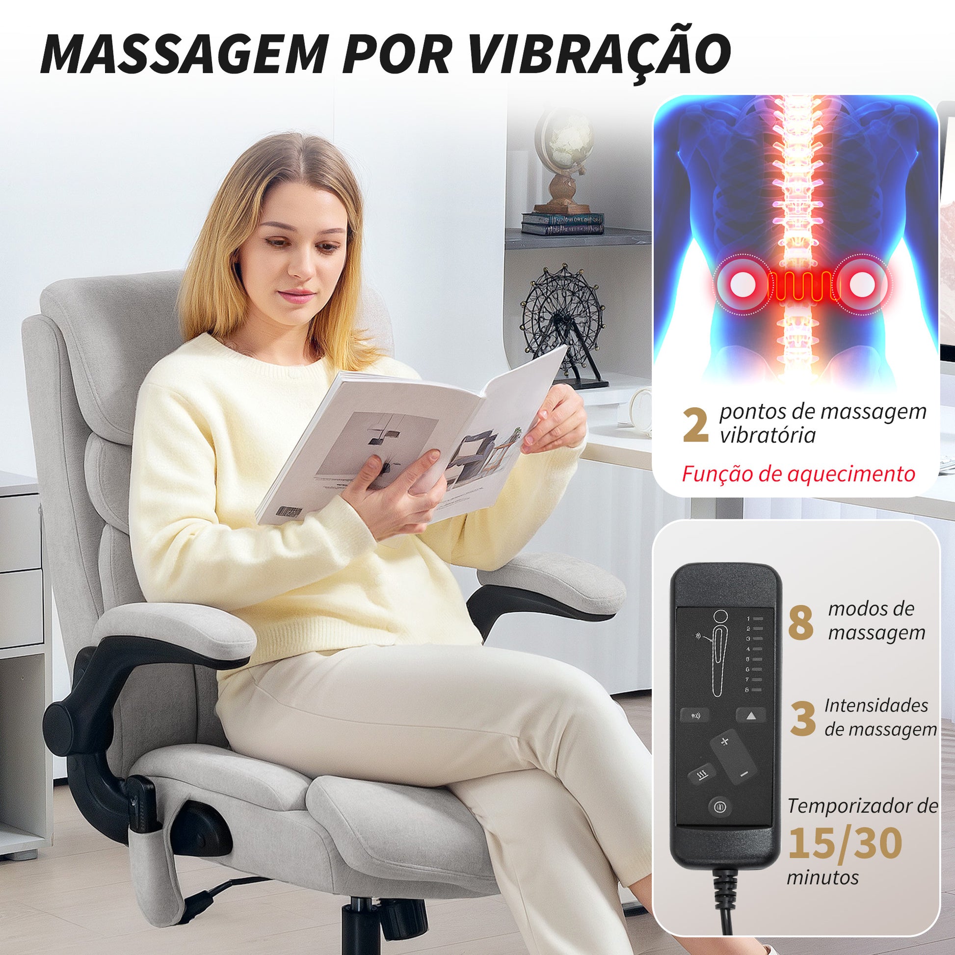 Cadeira de Escritório com Massagem Cadeira Giratória com Altura Ajustável Função de Aquecimento Apoios de Braços Rebatíveis Encosto Alto e Controlo Remoto 66x67x113-121 cm Cinzento