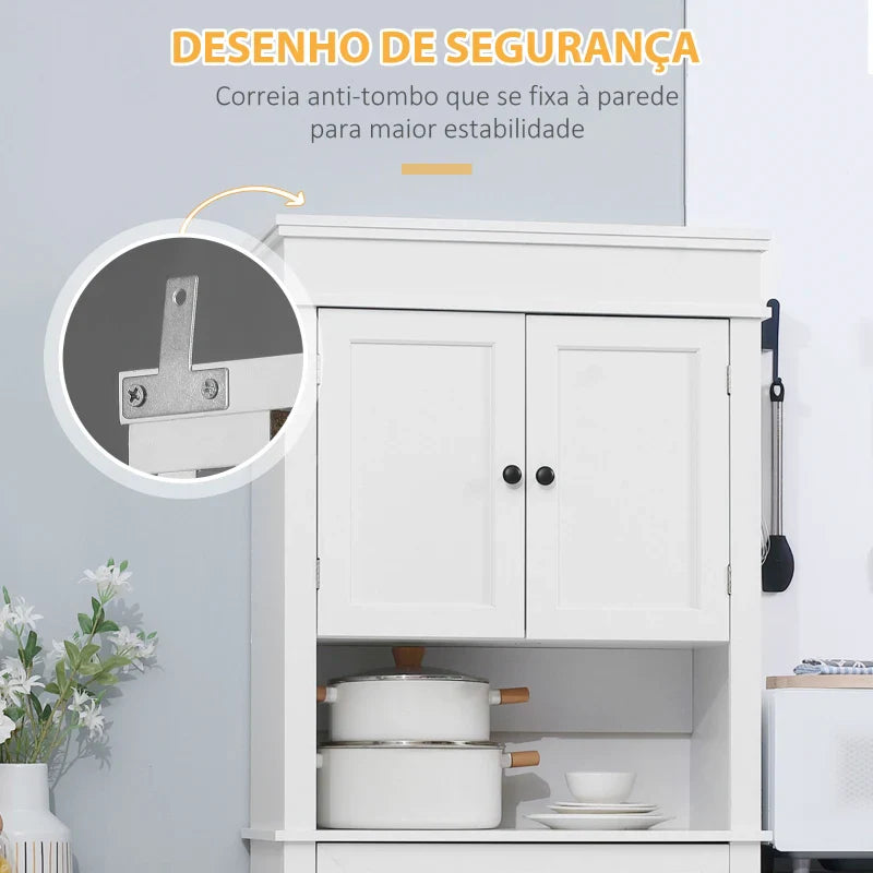 Armário de Cozinha Móvel Auxiliar de Cozinha com 4 Portas 1 Gaveta e Prateleira Aberta para Sala de Estar Sala de Jantar 74x39,5x183cm Branco