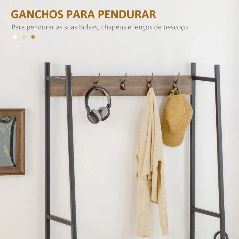Móvel Cabide de Entrada com Sapateiro Móvel de Entrada com Banco 5 Ganchos Armário e Prateleira Aberta para Corredor Entrada 84x40x169cm Marrom Rústico