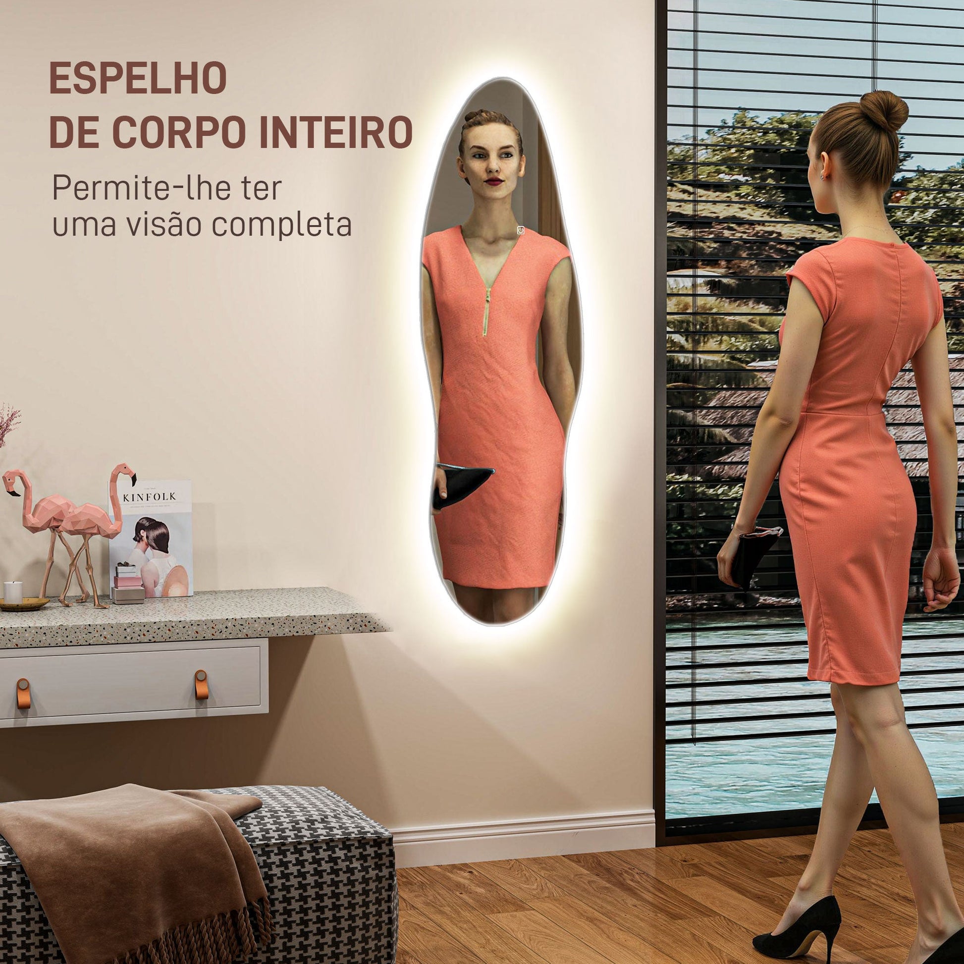 Espelho de Pé com Luzes LED 40x120 cm Espelho de Parede sem Moldura com Iluminação em 3 Cores Função de Memória e Controlo Tátil Transparente
