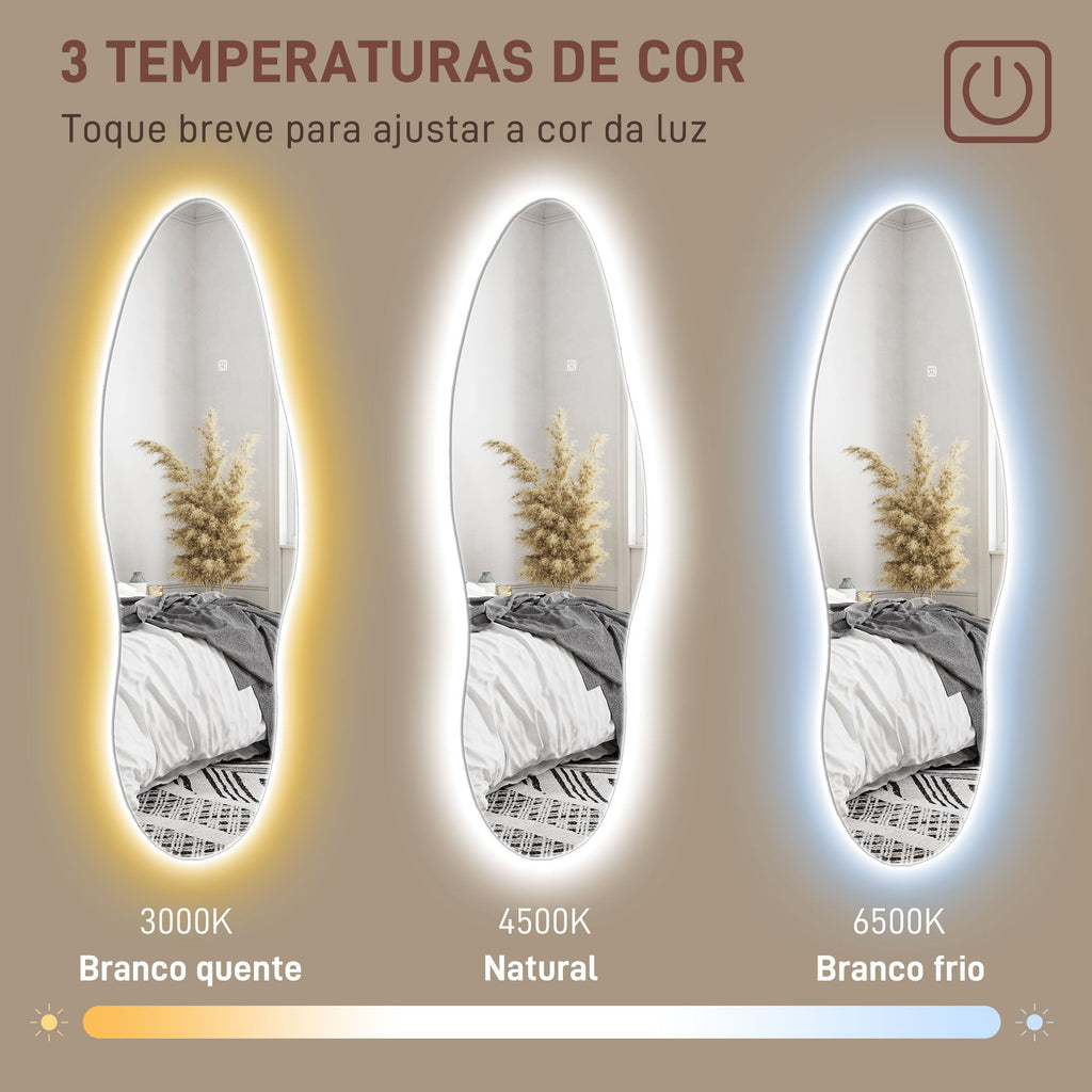 Espelho de Pé com Luzes LED 40x120 cm Espelho de Parede sem Moldura com Iluminação em 3 Cores Função de Memória e Controlo Tátil Transparente