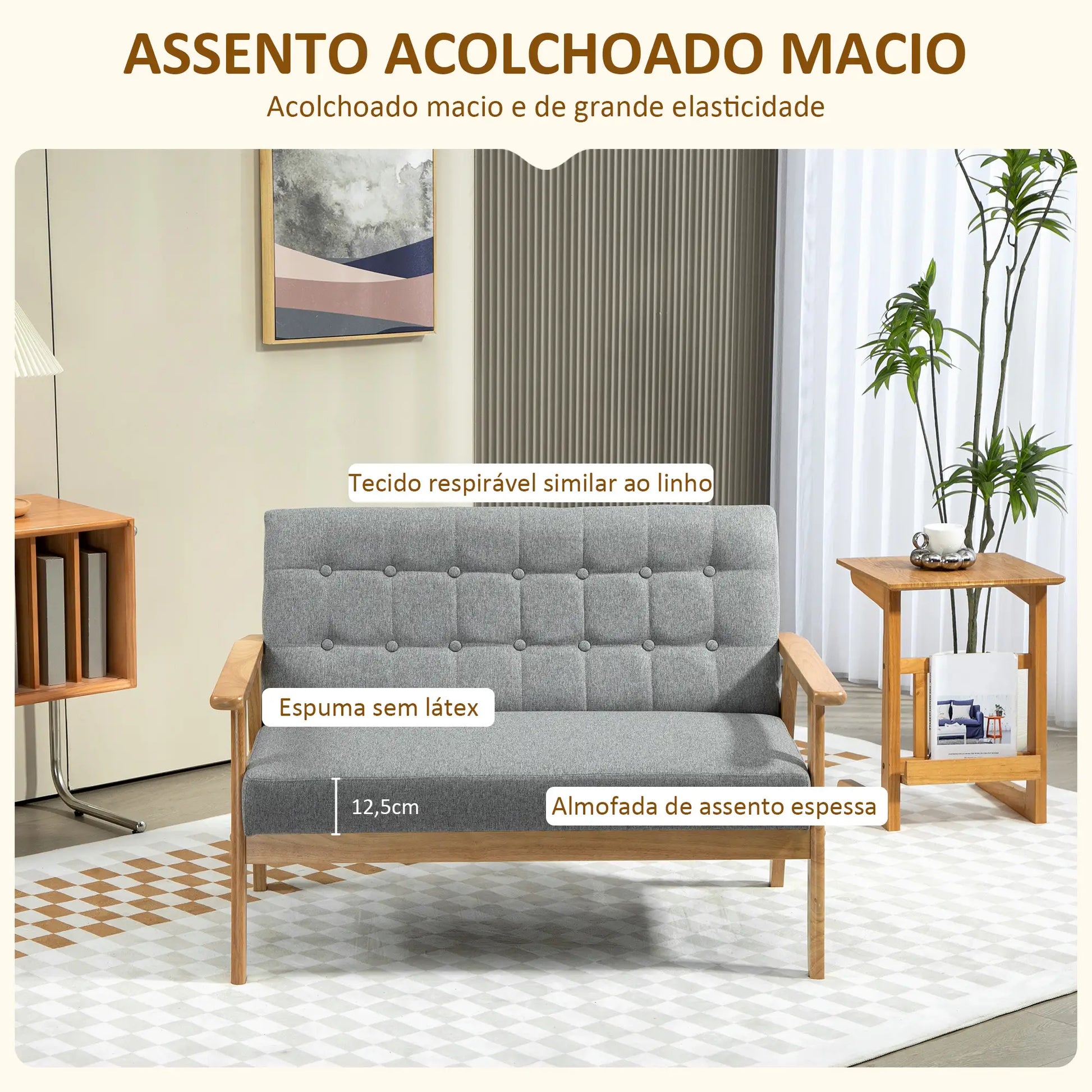 Sofá 2 Lugares Sofá Estofado em Linho com Apoio para os Braços de Madeira Encosto Acolchoado Carga 250 kg Poltrona para Sala de Estar Dormitório 114x75x76 cm Cinza Claro