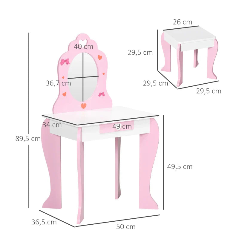 Toucador Infantil com Banco e Espelho Toucador Infantil de Madeira com Gaveta Mesa de Maquilhagem para Crianças entre 3-6 Anos 50x36,5x89,5cm Rosa