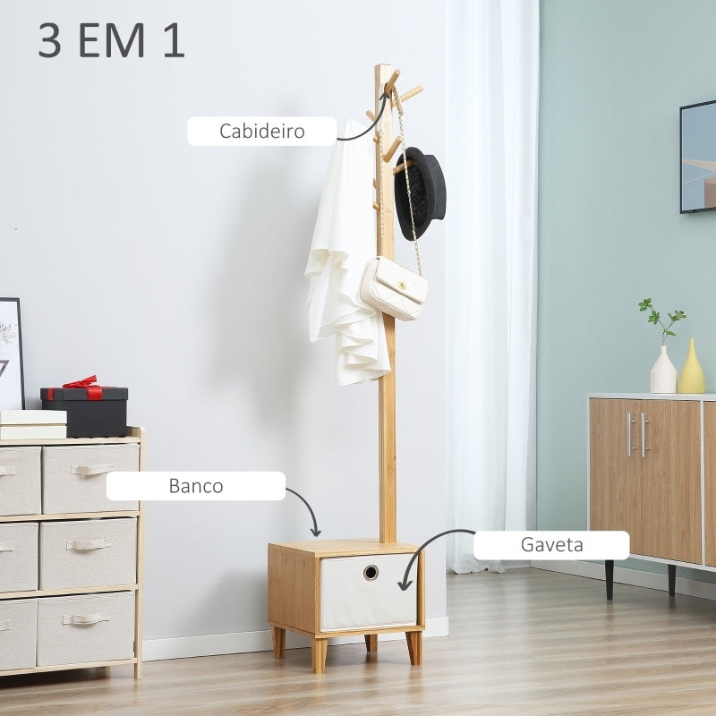 Cabide de Pé de Bambu com Banco Gaveta de Tecido e 8 Ganchos para Pendurar Roupa Bolsas Casacos para Entrada Sala de Estar Corredor 35x35x177cm Natural