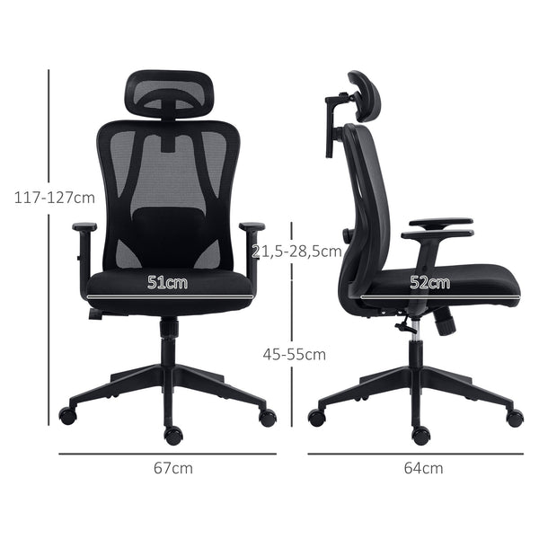 Cadeira de Escritório com Apoio para os Braços 2D Cadeira de Escritório com Altura Ajustável Apoio para a Cabeça Suporte Lombar Alto 67x64x117-127cm Preto