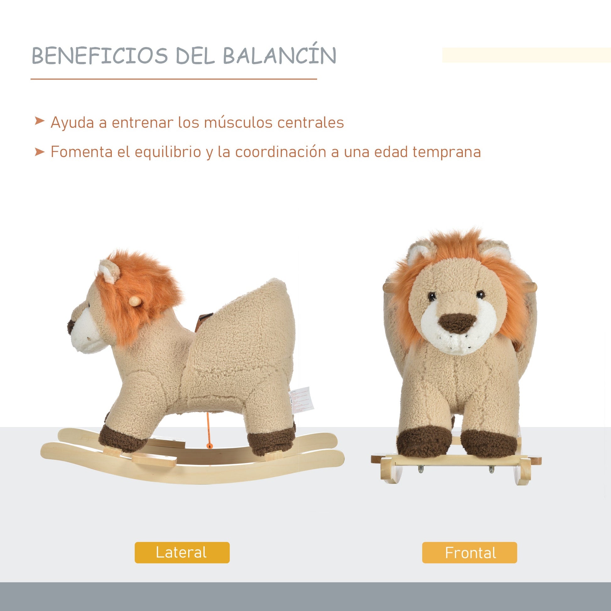 Baloiço Infantil em Forma de Leão de Pelúcia para Bebés 18-39 Meses com Som Cinto de Segurança Guidão Apoio para os Pés 68x35x50cm Marrom
