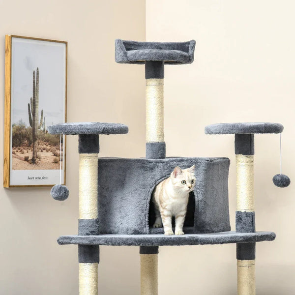 PawHut Árvore Arranhador para Gatos Grande 60x60x200cm com 2 Cavernas 2 Redes Cama Múltiplas Plataformas Postes Arranhadores de Sisal Natural e Bolas de Brinquedo Cinza