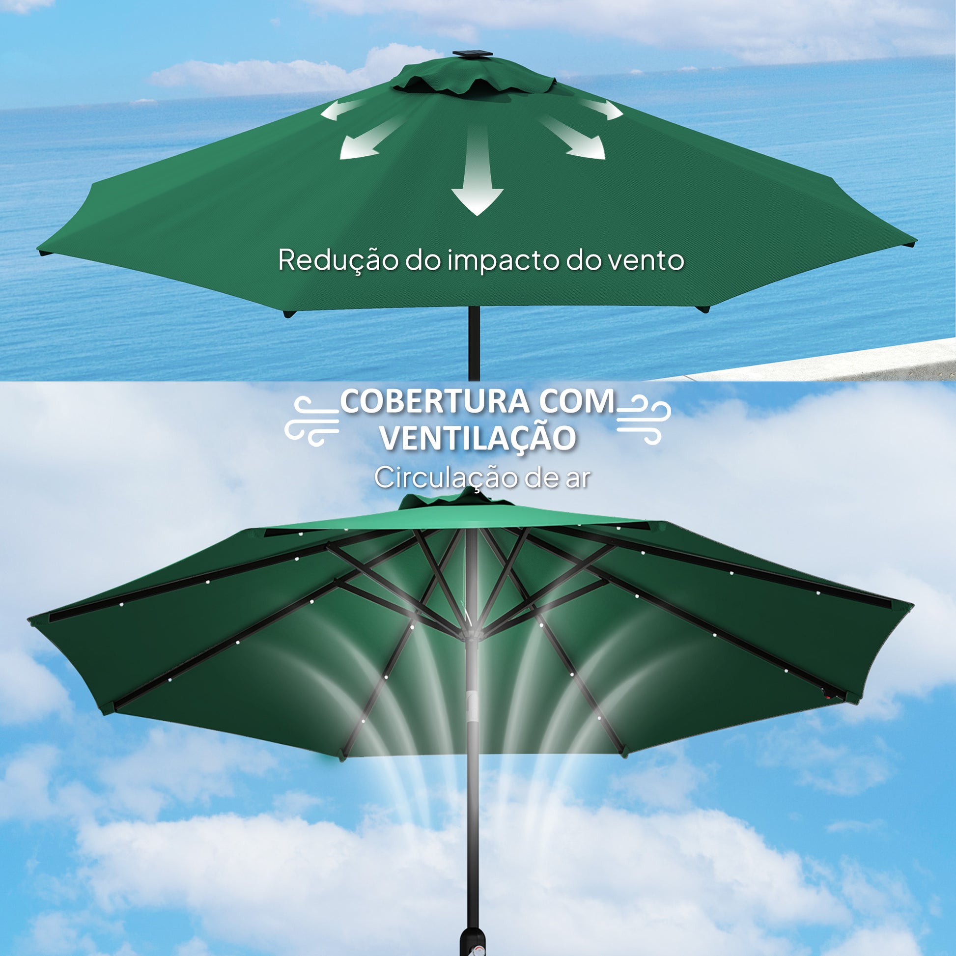 Toldo de Substituição para Chapéu de Sol de 3 m Toldo de Reposição para Chapéu de Sol de Pátio com Ventilação Superior Proteção UV 50+ Capa de Reposição de Poliéster para Exterior Verde